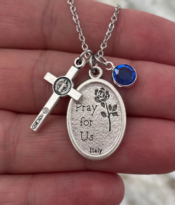 Saint Thomas the Apostle Necklace – Silver Patron Saint Medal with Cross &amp; Birthstone Charm Catholic Confirmation &amp; Baptism Gift