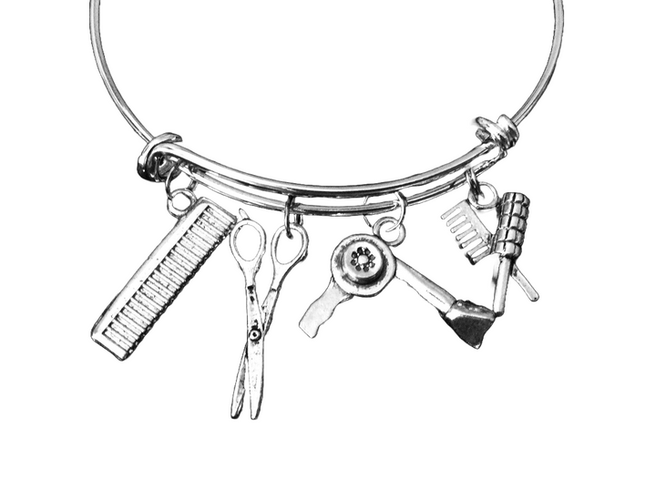 Hair Stylist Charm Bangle Scissors, Blow Dryer, Comb, Brush on a Silver Expandable Adjustable Bangle Bracelet Trendy Stacking Handmade Gift