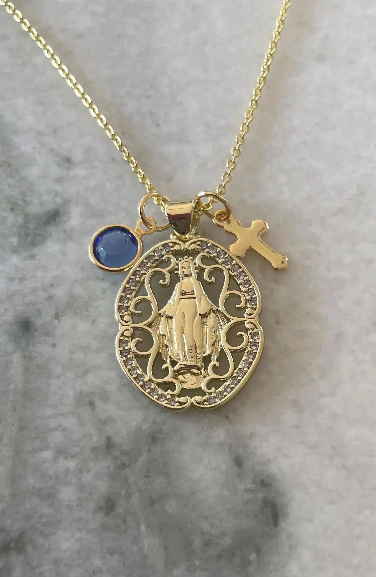 GOLD MIRACULOUS MARY NECKALCE WITH CROSS AND BIRTHSTONE