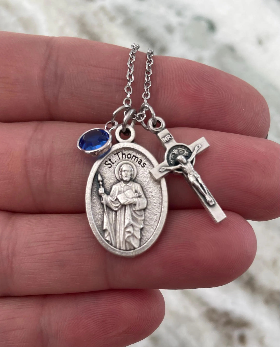 Saint Thomas the Apostle Necklace – Silver Patron Saint Medal with Cross &amp; Birthstone Charm Catholic Confirmation &amp; Baptism Gift