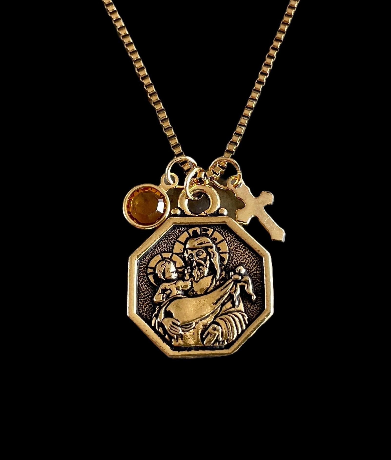 Saint Christopher Protect Us Gold Necklace Saint Christopher Medal Patron Saint of Travelers Protection Charm Necklace Custom Charm Necklace