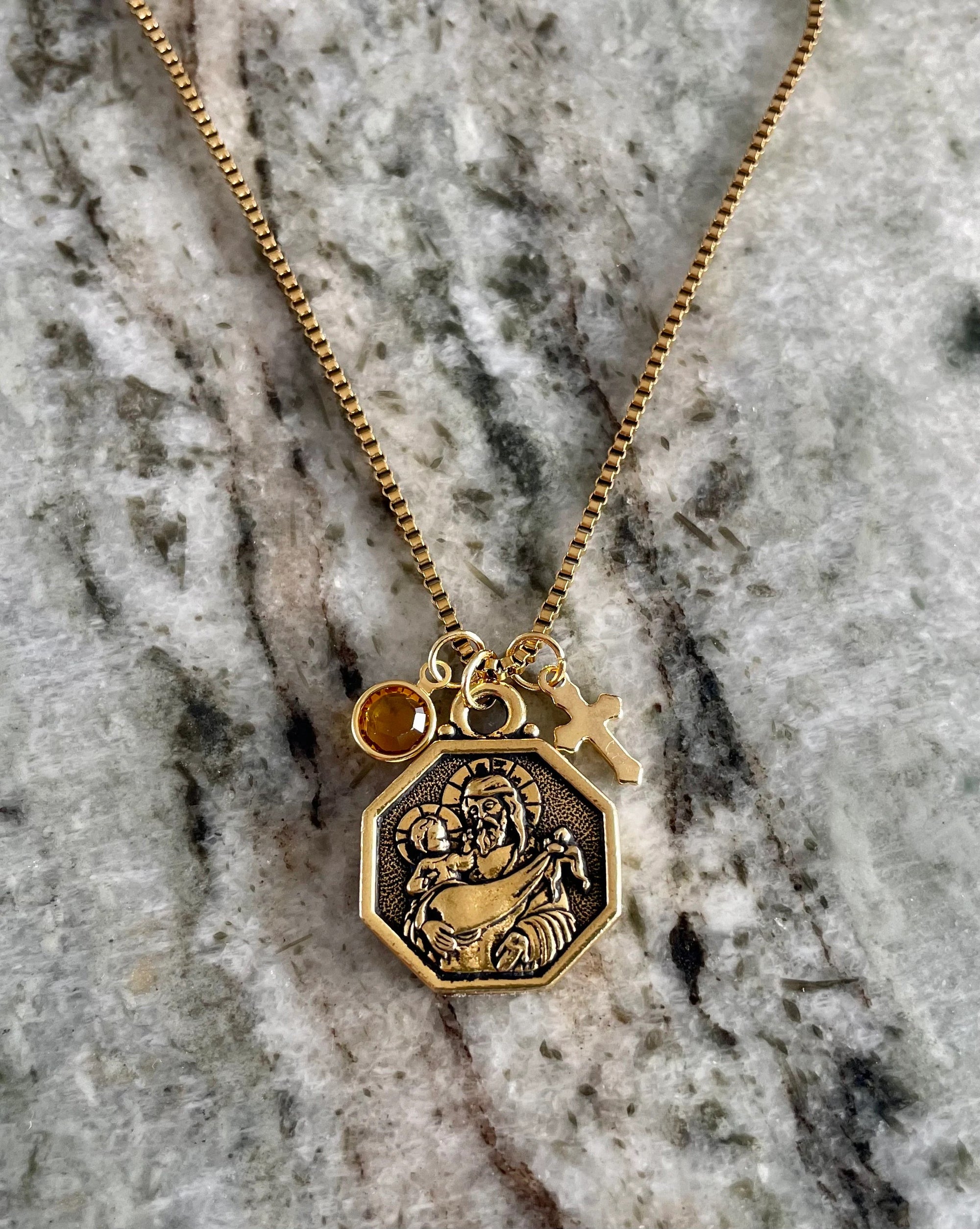 Saint Christopher Protect Us Gold Necklace Saint Christopher Medal Patron Saint of Travelers Protection Charm Necklace Custom Charm Necklace