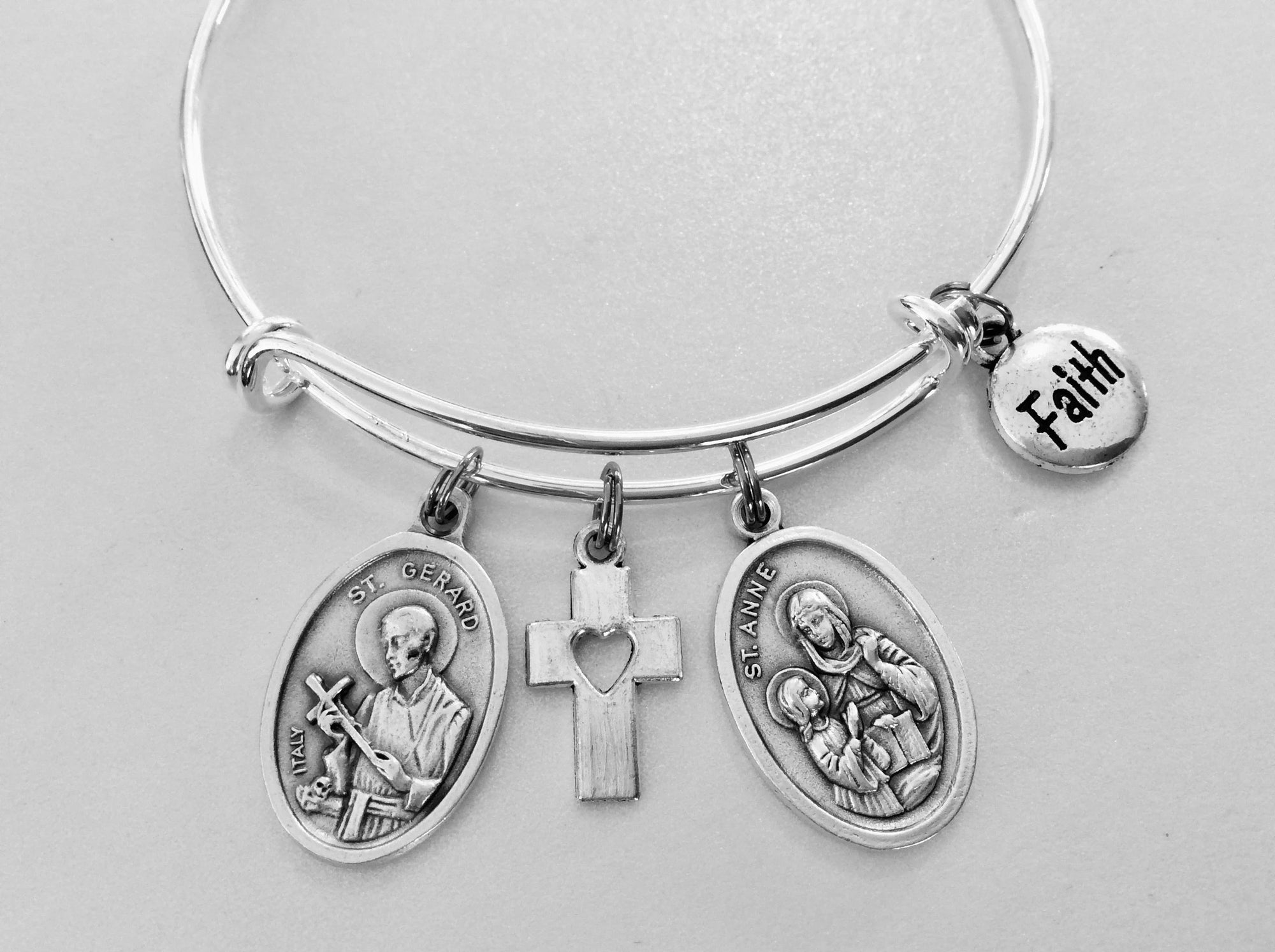 Saint Anne and Saint Gerard Patron Saint of Mothers, Pregnant Women Silver Expandable Charm Bracelet One Size Fits All Fertility Gift