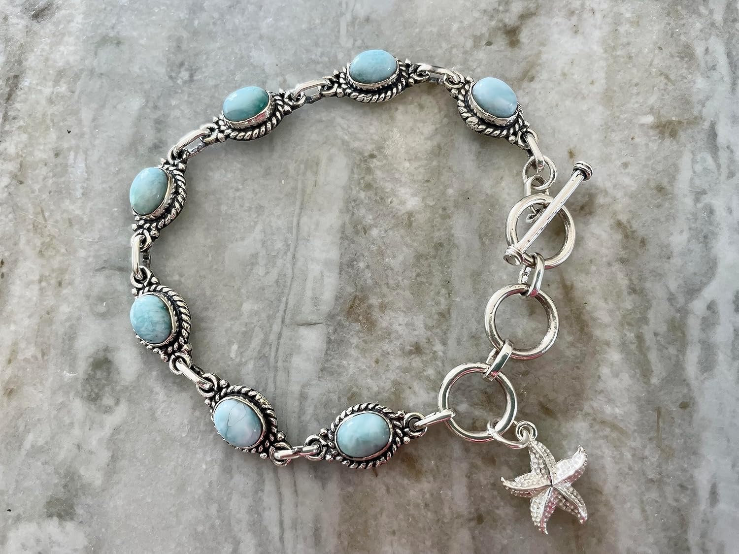 Larimar Toggle Bracelet – 925 Sterling Silver with Optional Ocean Charms