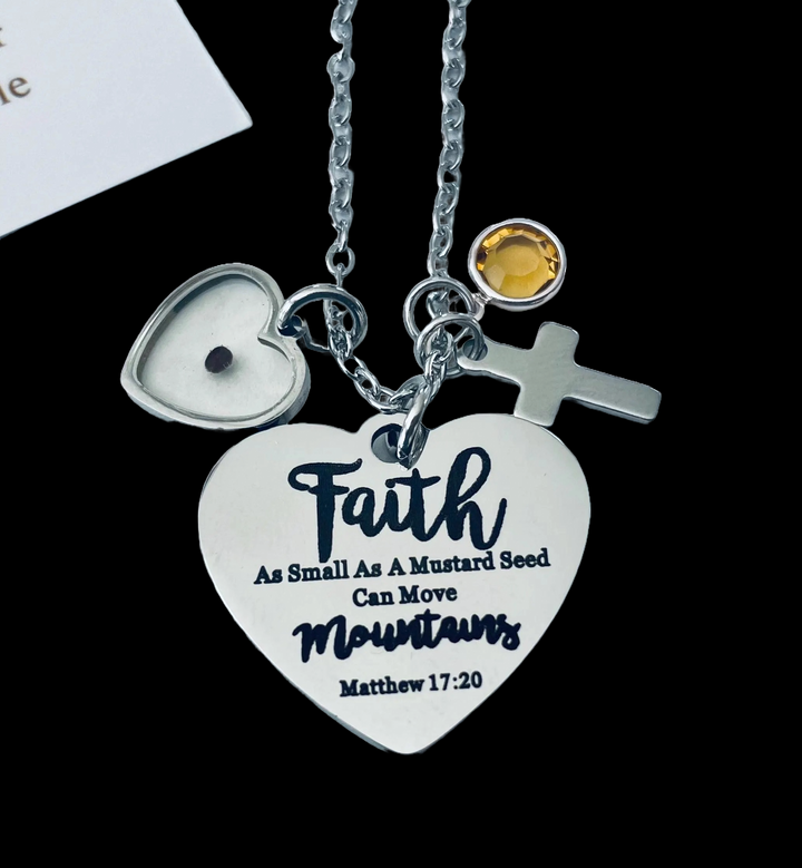 Faith Mustard Seed Necklace, Matthew 17:20 Scripture with Cross and Birthstone Charm Necklace