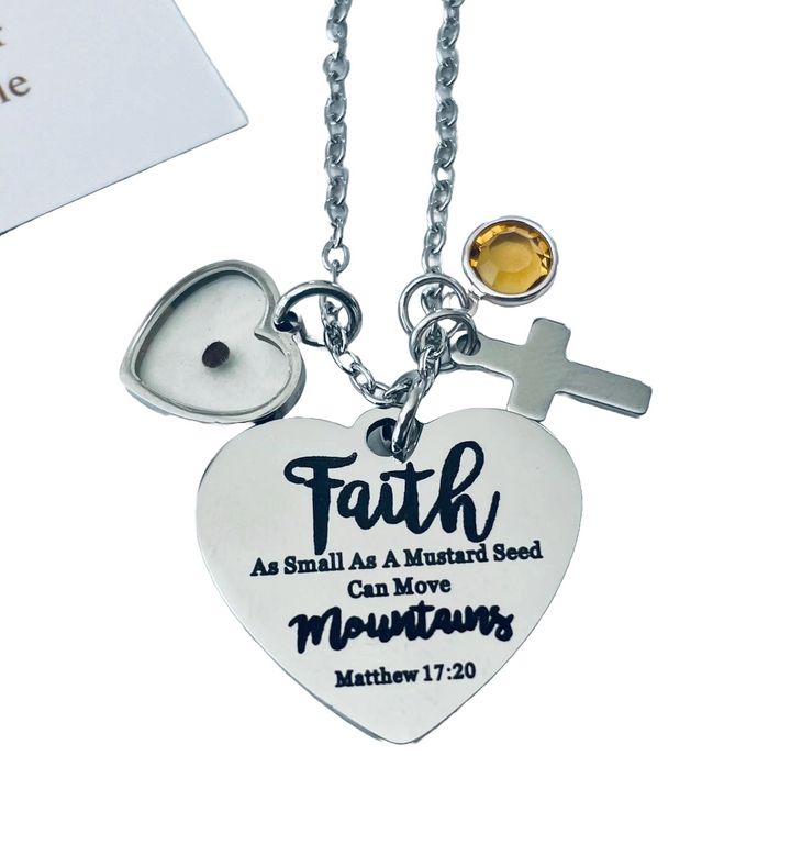 Faith Mustard Seed Necklace, Matthew 17:20 Scripture with Cross and Birthstone Charm Necklace