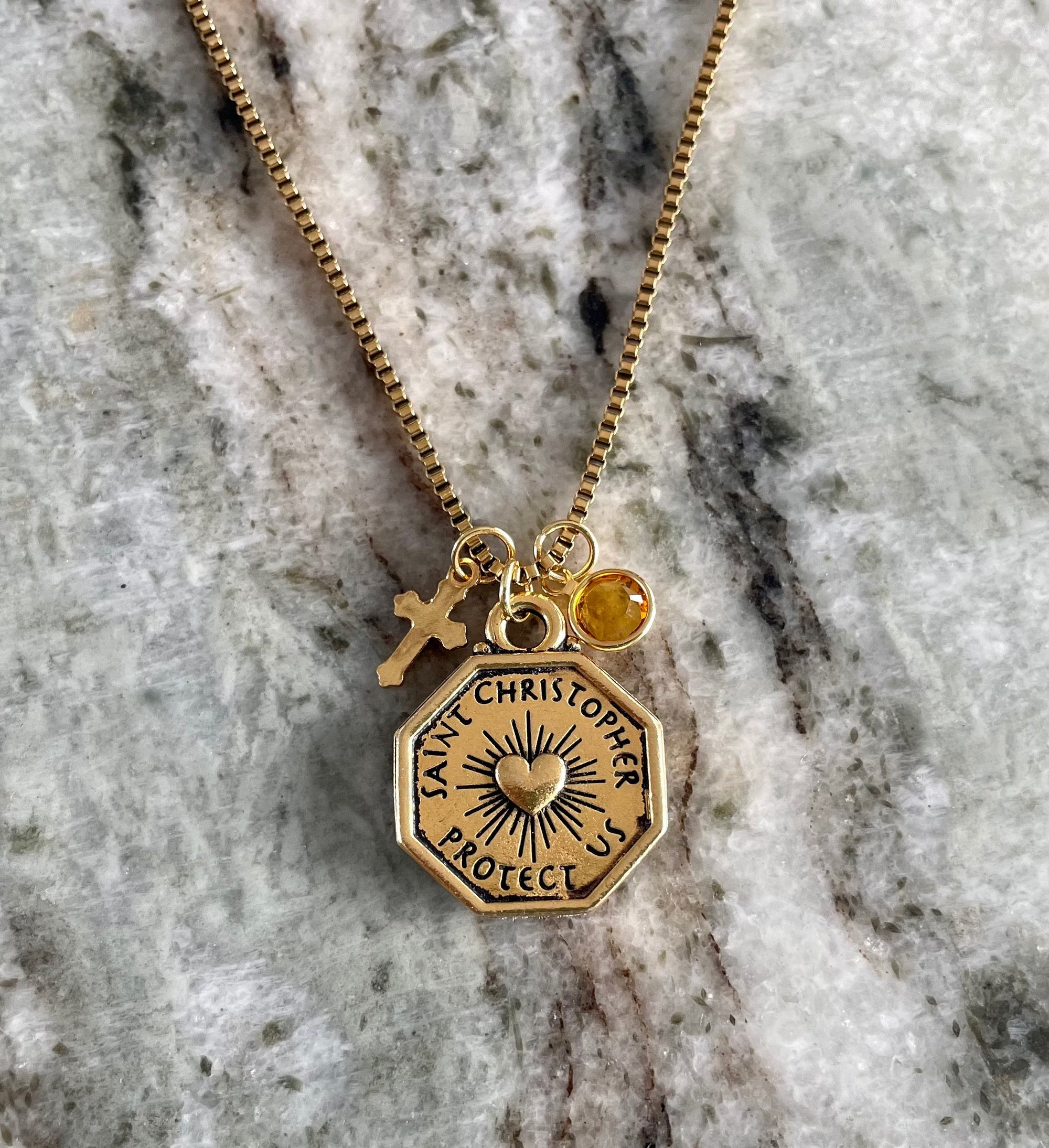 Saint Christopher Protect Us Gold Necklace Saint Christopher Medal Patron Saint of Travelers Protection Charm Necklace Custom Charm Necklace