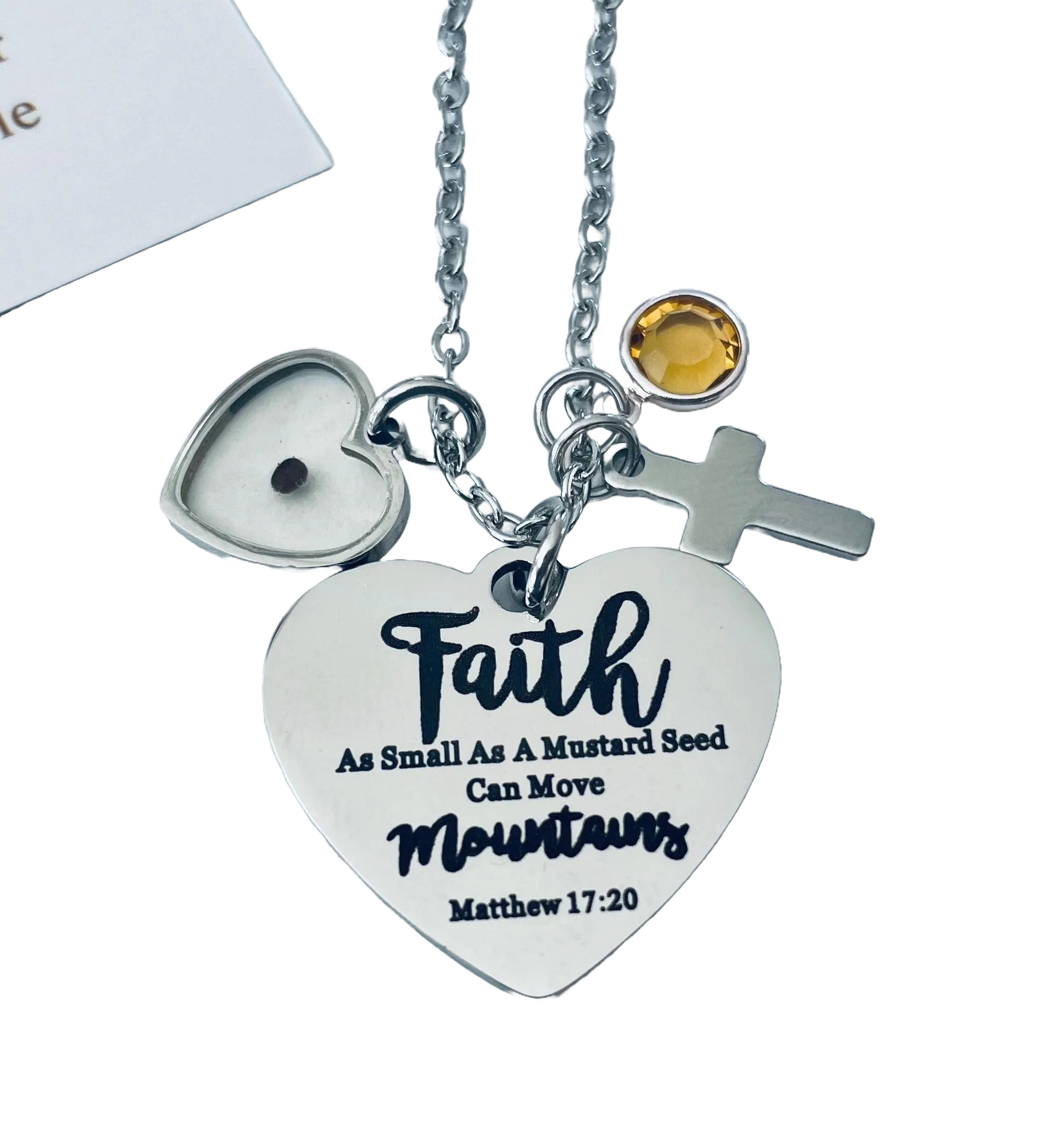 Faith Mustard Seed Necklace, Matthew 17:20 Scripture with Cross and Birthstone Charm Necklace