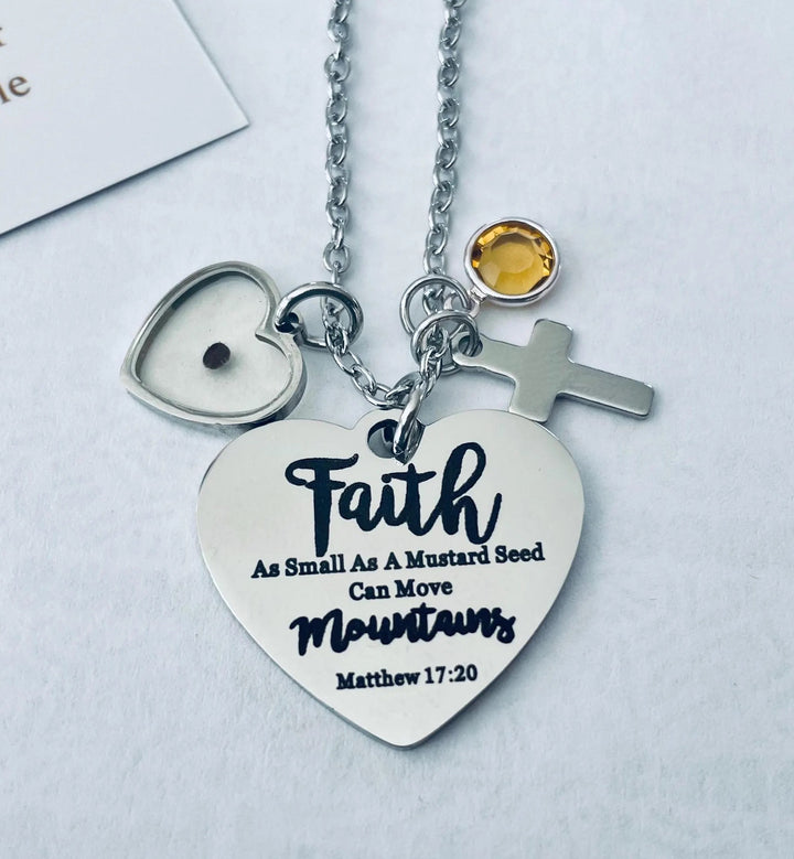 Faith Mustard Seed Necklace, Matthew 17:20 Scripture with Cross and Birthstone Charm Necklace