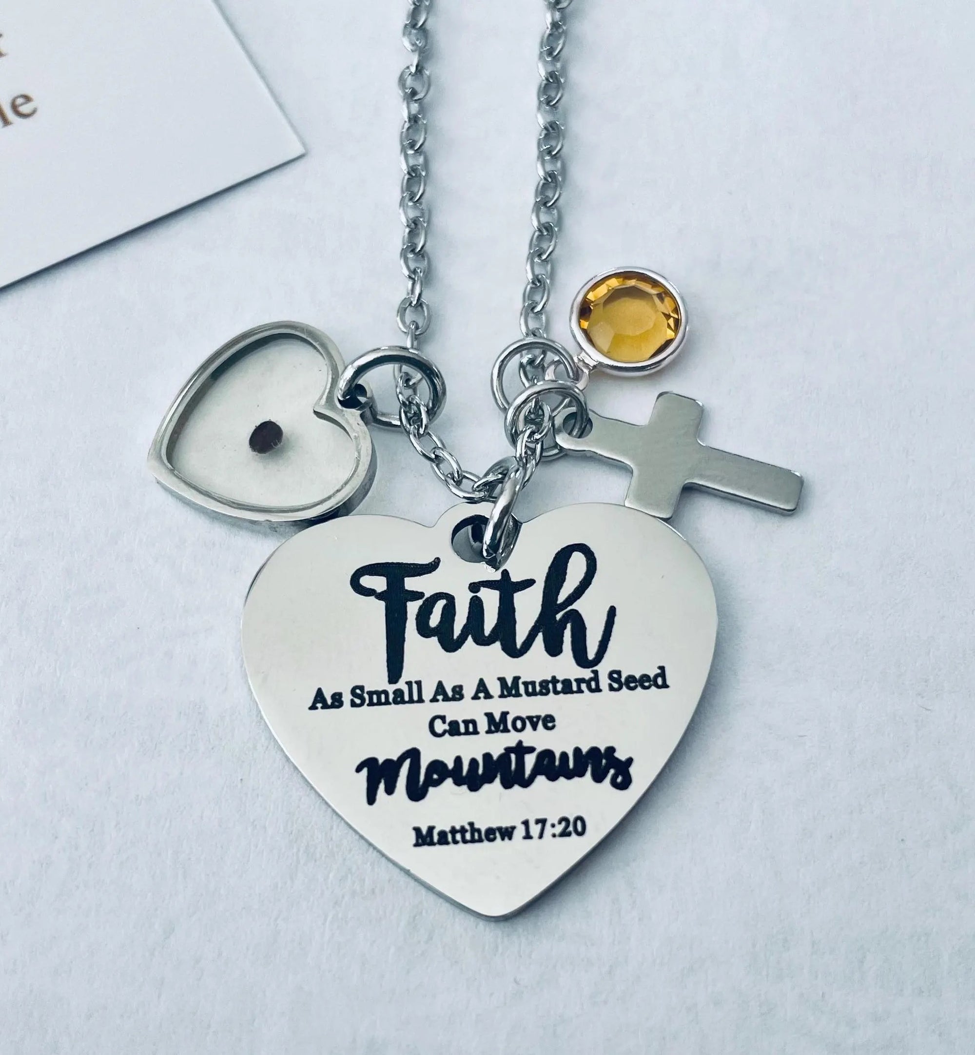 Faith Mustard Seed Necklace, Matthew 17:20 Scripture with Cross and Birthstone Charm Necklace