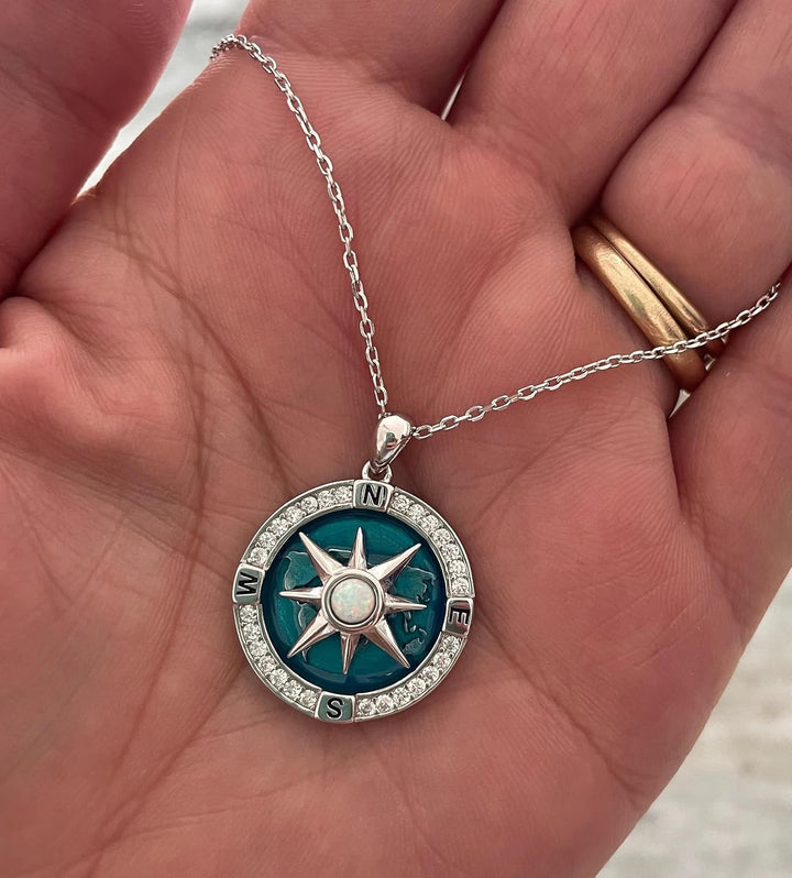 Compass Necklace – Spinning Compass Rose Pendant in 925 Sterling Silver with Blue Opal | Nautical Jewelry, Adventure &amp; Love Gift