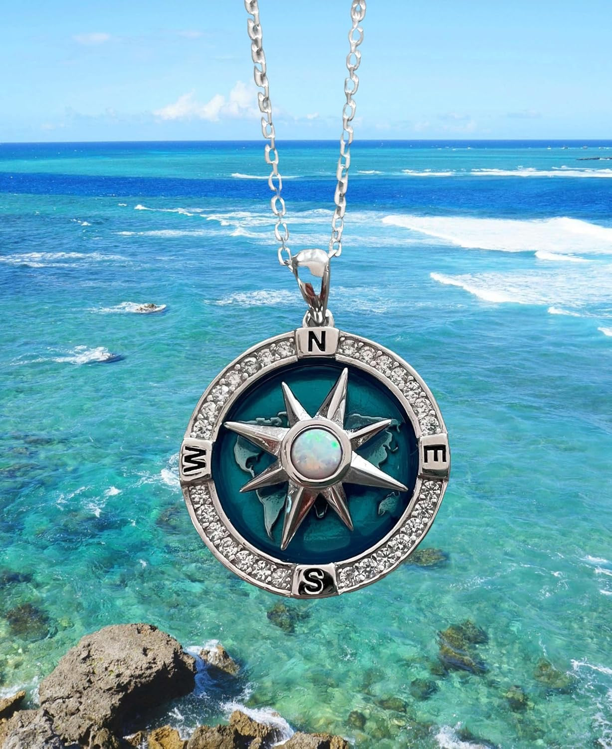 Compass Necklace – Spinning Compass Rose Pendant in 925 Sterling Silver with Blue Opal | Nautical Jewelry, Adventure & Love Gift