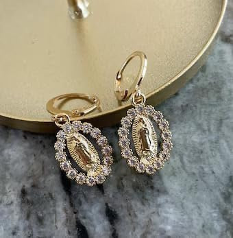 Our Lady of Guadalupe Earrings Gold Virgin Mary Earrings Crystal