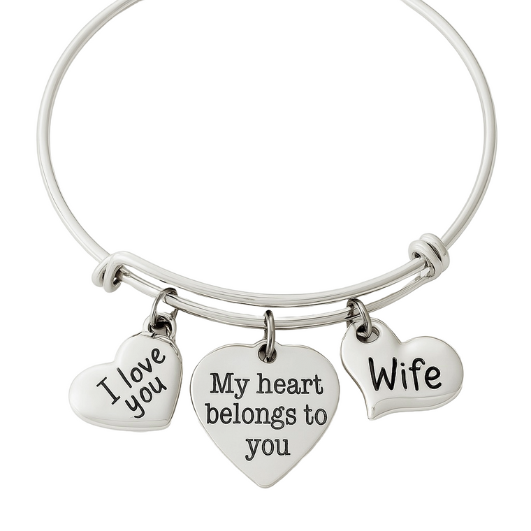 Silver expandable bracelet with three heart charms: "I love you", "My heart belongs to you", and "Wife
