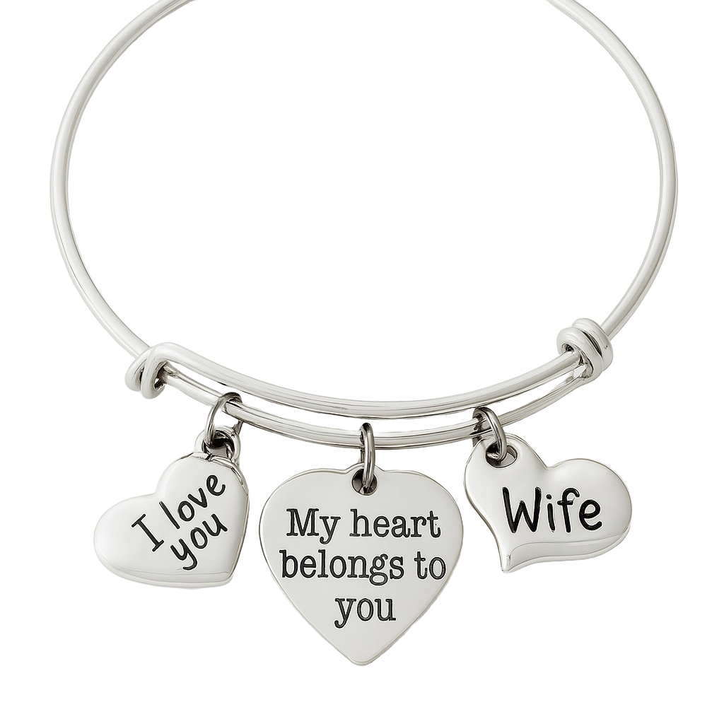 Silver expandable bracelet with three heart charms: "I love you", "My heart belongs to you", and "Wife