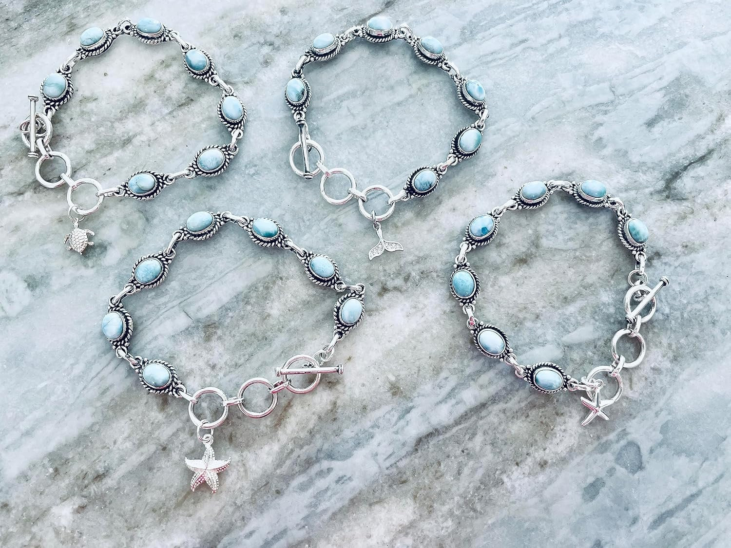 Larimar Toggle Bracelet – 925 Sterling Silver with Optional Ocean Charms