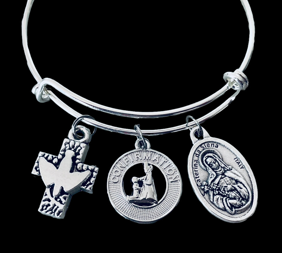 Confirmation Jewelry Saint Caterina de Siena Expandable Charm Bracelet Silver Adjustable Bangle Medal Catholic Gift Dove