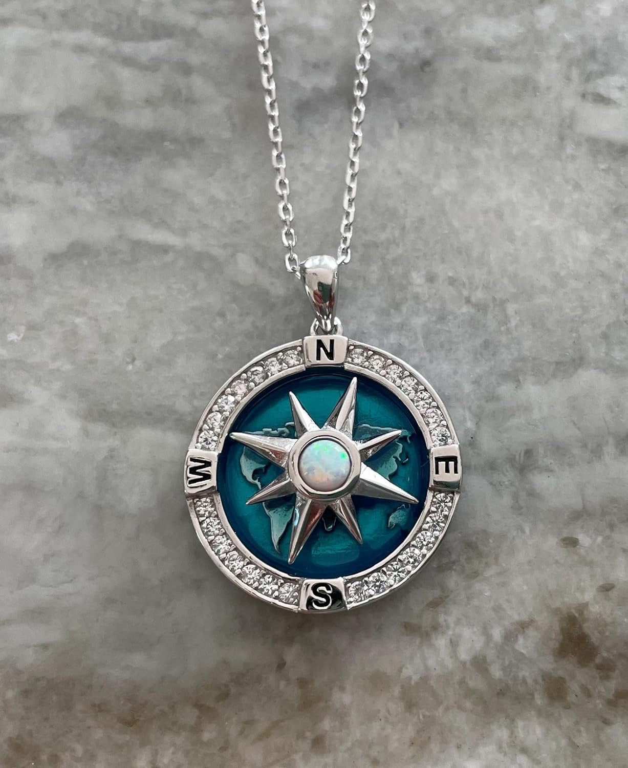 Compass Necklace – Spinning Compass Rose Pendant in 925 Sterling Silver with Blue Opal | Nautical Jewelry, Adventure & Love Gift