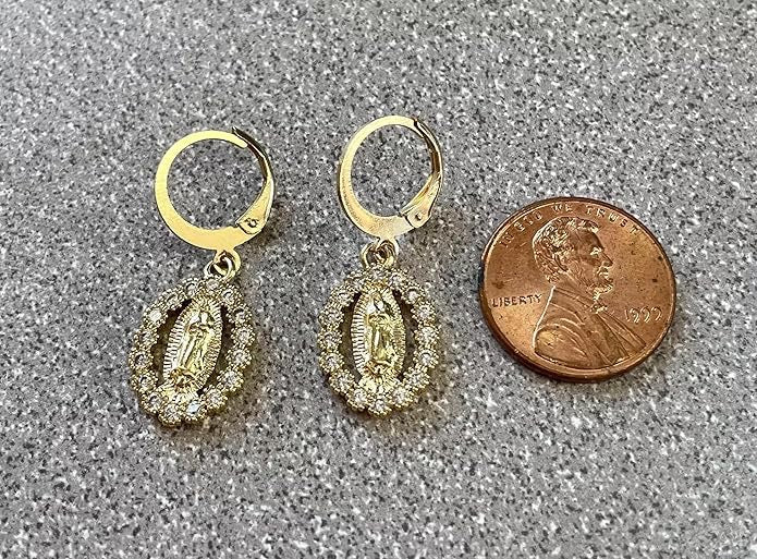 Our Lady of Guadalupe Earrings Gold Virgin Mary Earrings Crystal