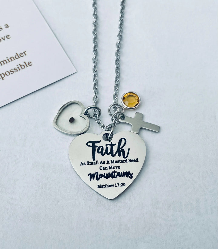 Faith Mustard Seed Necklace, Matthew 17:20 Scripture with Cross and Birthstone Charm Necklace