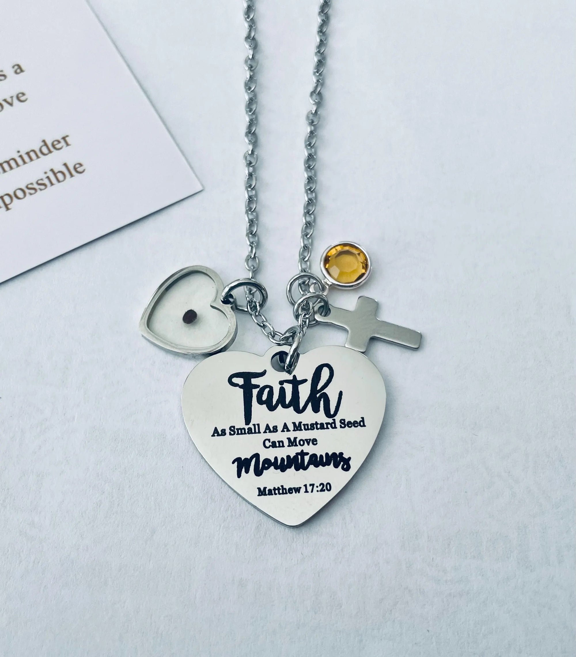 Faith Mustard Seed Necklace, Matthew 17:20 Scripture with Cross and Birthstone Charm Necklace