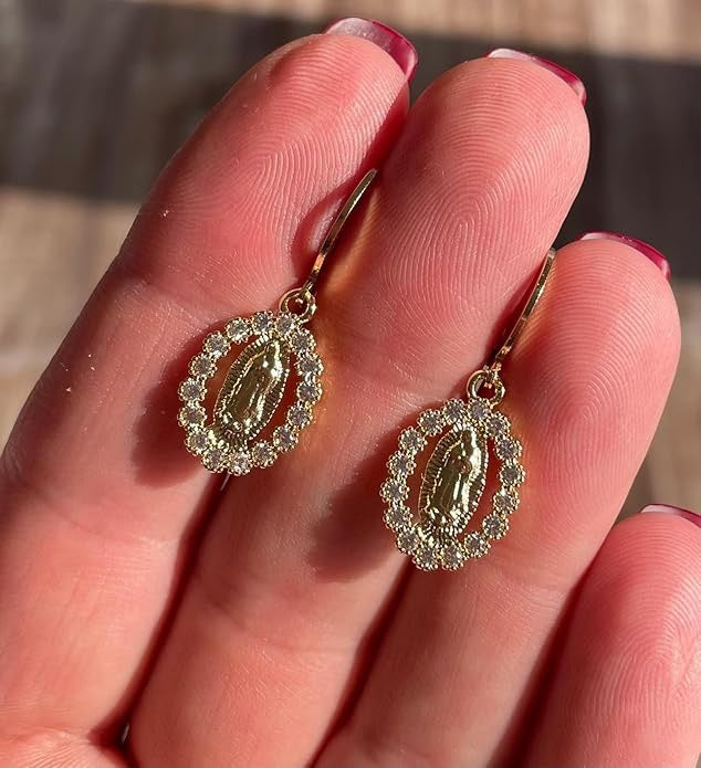Our Lady of Guadalupe Earrings Gold Virgin Mary Earrings Crystal