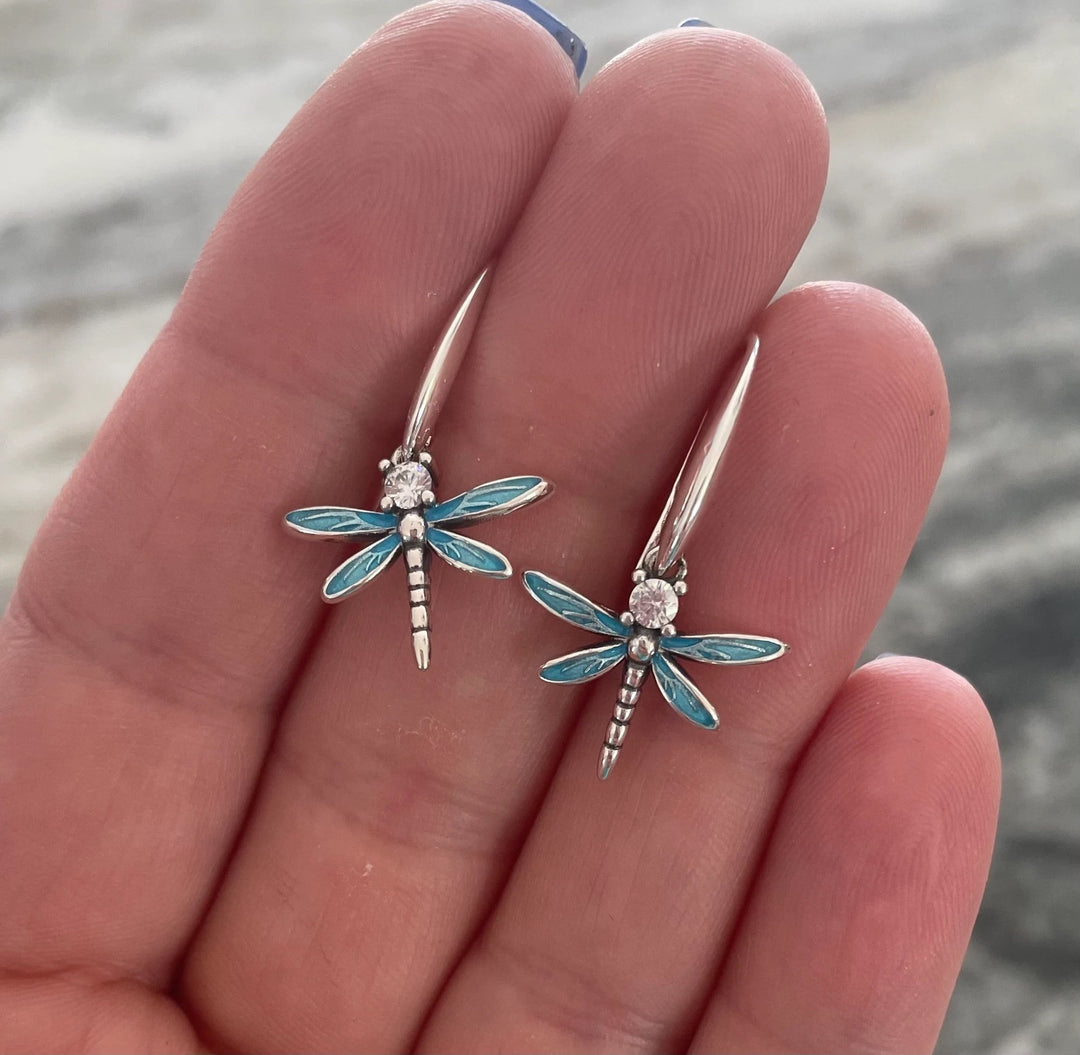 silver blue dragonfly dangle earrings with CZ crystals and enamel wings,