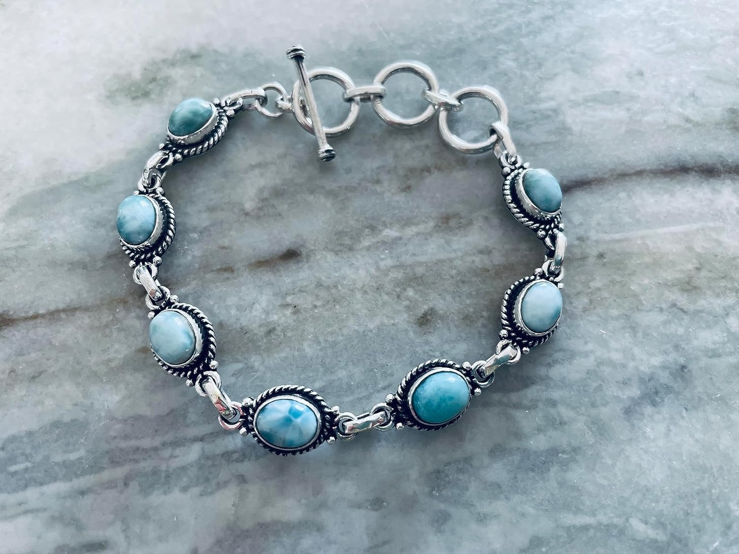Larimar Toggle Bracelet – 925 Sterling Silver with Optional Ocean Charms