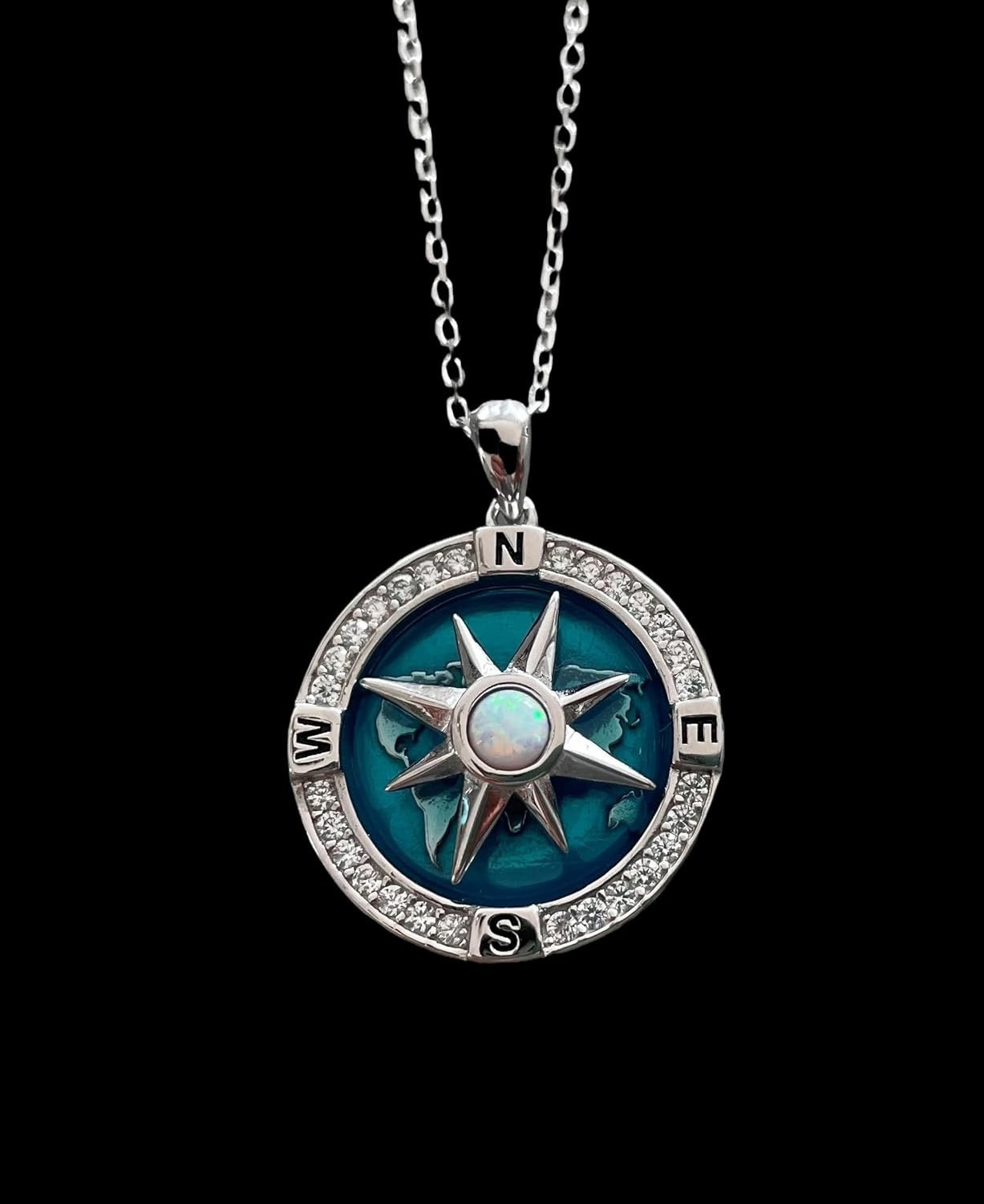 Compass Necklace – Spinning Compass Rose Pendant in 925 Sterling Silver with Blue Opal | Nautical Jewelry, Adventure & Love Gift