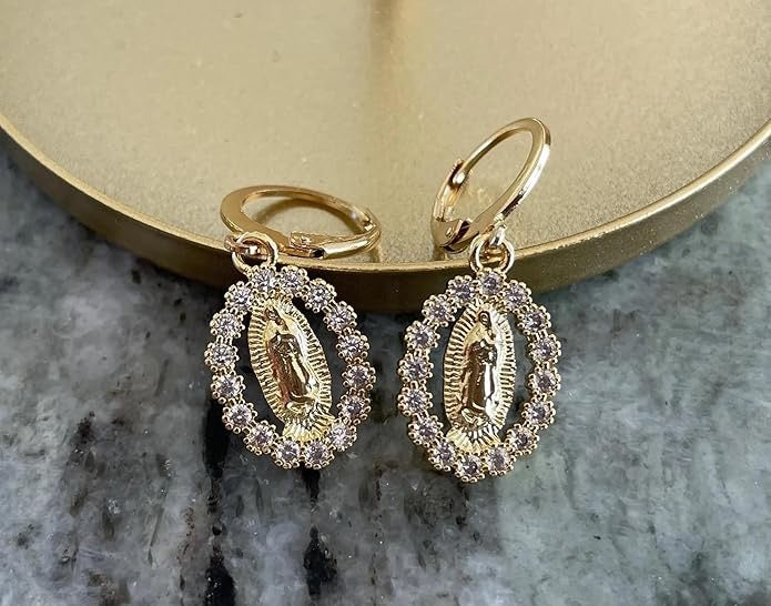 Our Lady of Guadalupe Earrings Gold Virgin Mary Earrings Crystal