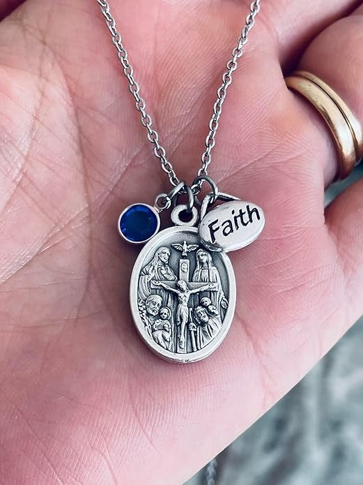 Holy Family medal Faith and birthstone charm necklace
