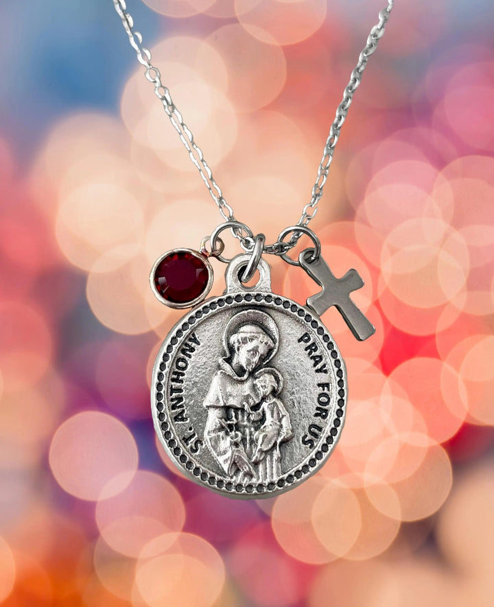 Saint Anthony Necklace Silver Medal with Cross and Birthstone Custom Charm Necklace Patron Saint of Lost Things