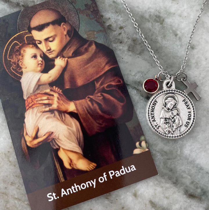 Saint Anthony Necklace Silver Medal with Cross and Birthstone Custom Charm Necklace Patron Saint of Lost Things
