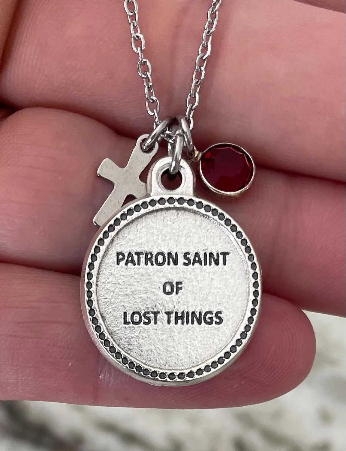 Saint Anthony Necklace Silver Medal with Cross and Birthstone Custom Charm Necklace Patron Saint of Lost Things