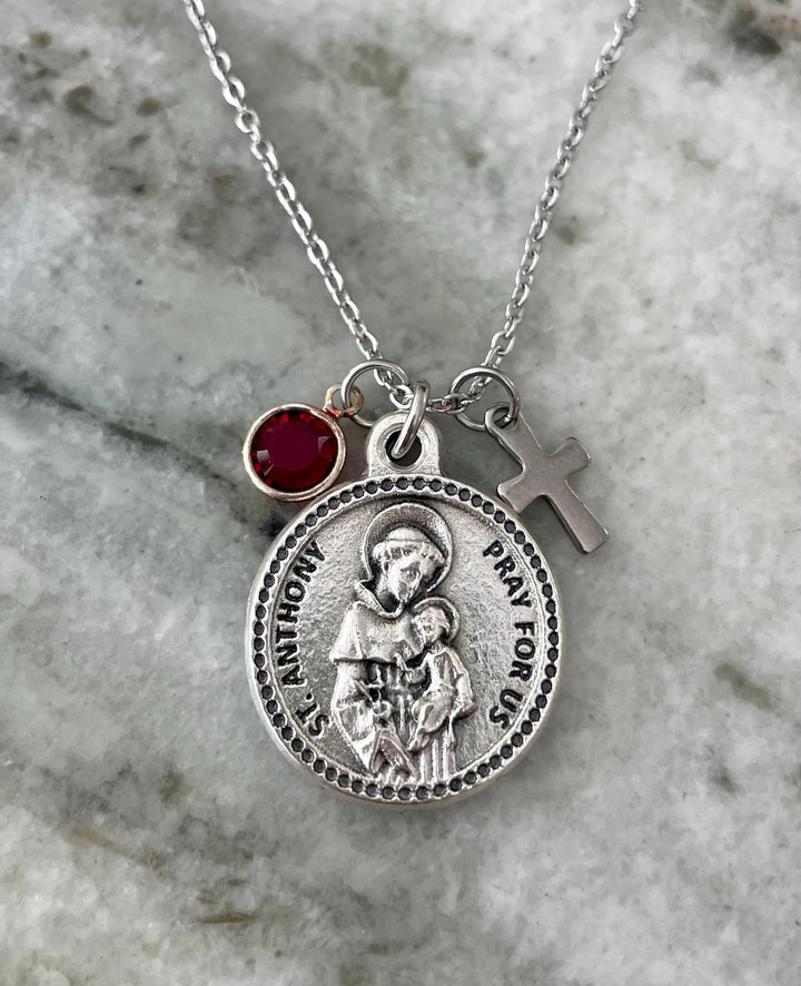 Saint Anthony Necklace Silver Medal with Cross and Birthstone Custom Charm Necklace Patron Saint of Lost Things