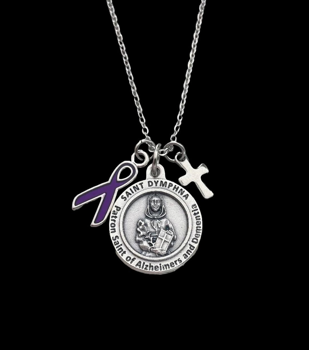 Saint Dymphna Patron Saint Necklace – Alzheimer’s & Dementia Silver Medal with Purple Ribbon & Cross Charms (25mm)
