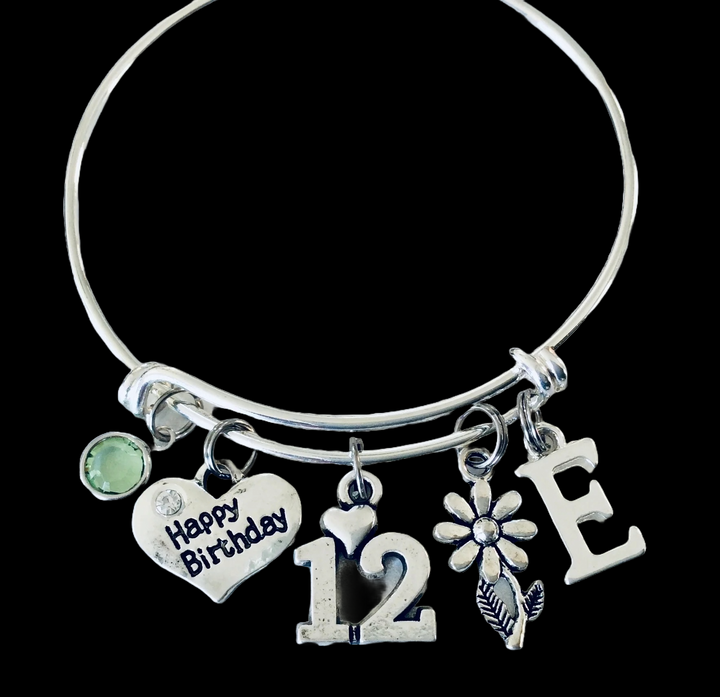 12th Birthday Gift for Girl, Personalized Happy Birthday Charm Bracelet with Birthstone Initial, Silver Expandable Bangle Age 12
