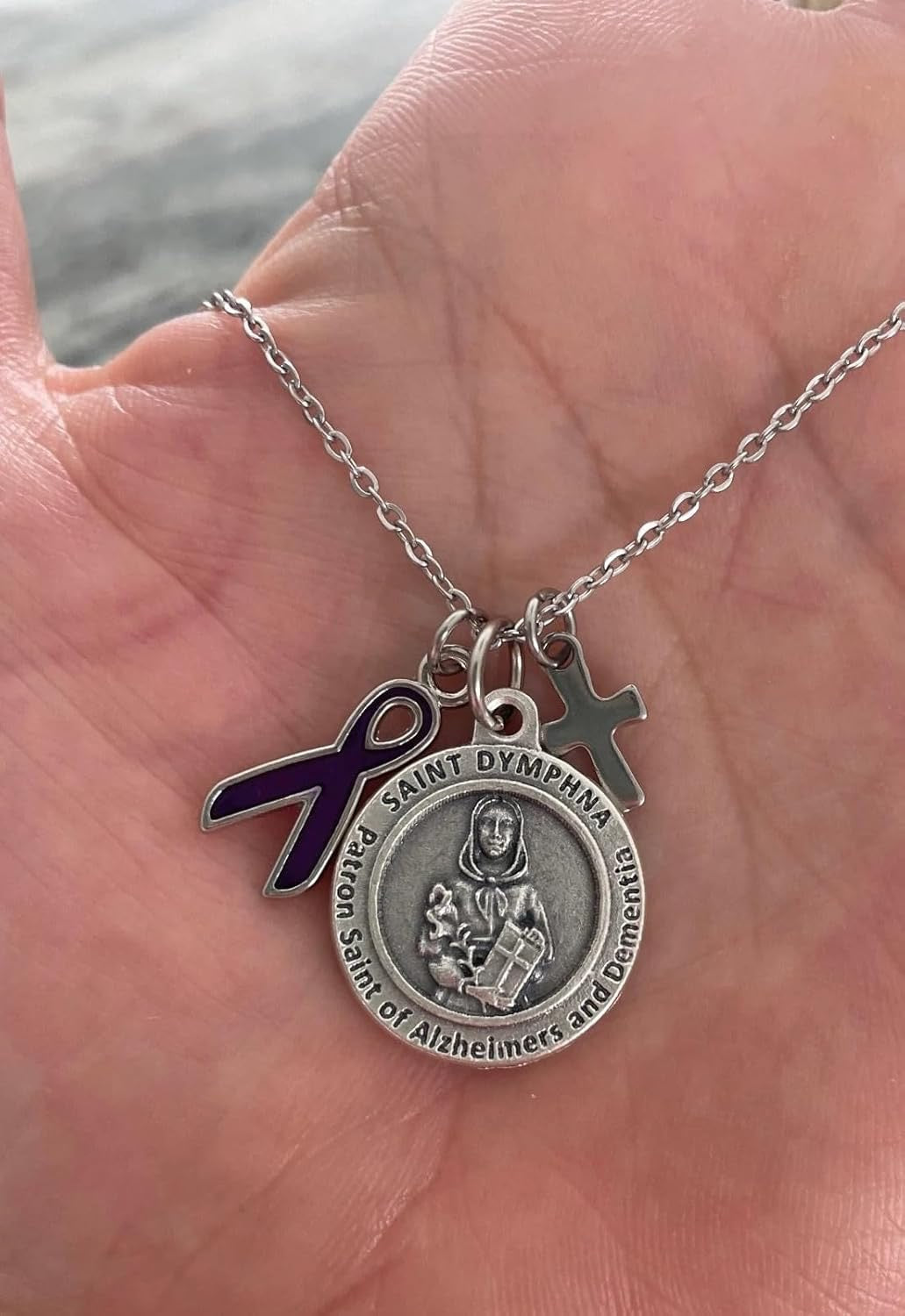 Saint Dymphna Patron Saint Necklace – Alzheimer’s &amp; Dementia Silver Medal with Purple Ribbon &amp; Cross Charms (25mm)