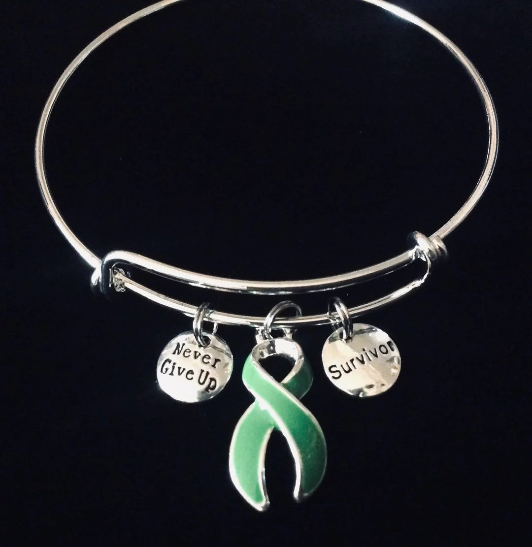 Never Give Up Survivor Charm Bracelet Green Awareness Ribbon Gift for Her Expandable Adjustable One Size Fits All