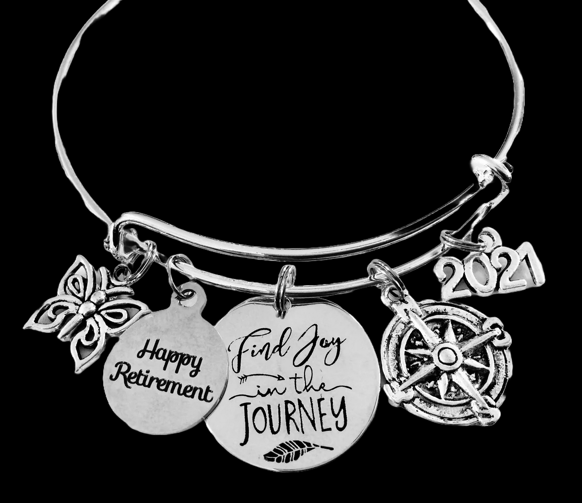 Happy Retirement Find Joy in the Journey Expandable Charm Bracelet Silver Adjustable Wire Bangle One Size Fits All Gift