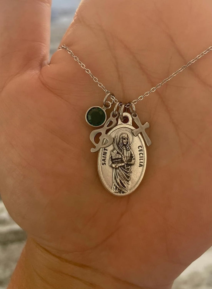Saint Cecilia Religious Necklace St Cecilia Silver Medal with Cross, Music Note and Birthstone, Catholic Patron Saint of Music