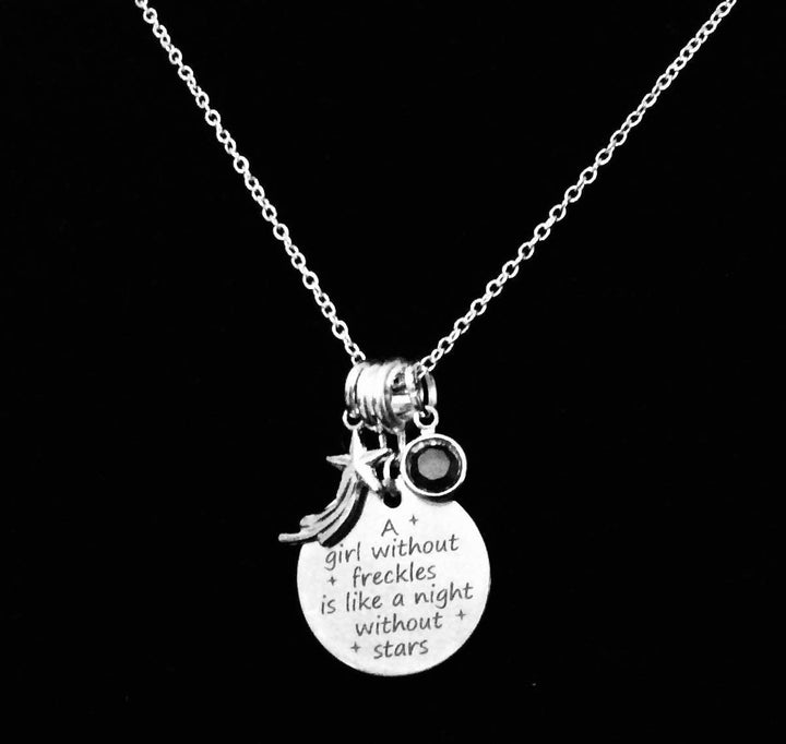 Freckle Quote Necklace – Stainless Steel Pendant with Pink Birthstone and Falling Star Charm