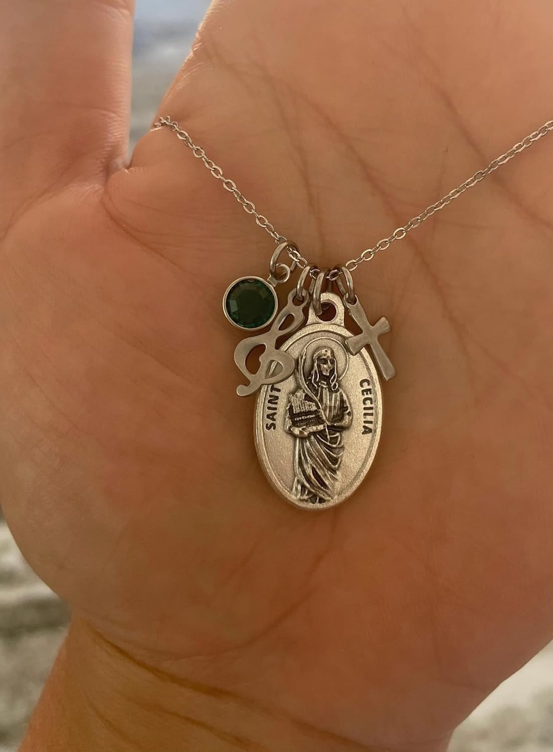 Saint Cecilia Religious Necklace St Cecilia Silver Medal with Cross, Music Note and Birthstone, Catholic Patron Saint of Music