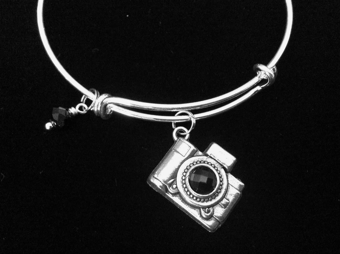Camera Charm Bracelet – Silver Expandable Bangle with Black Crystal