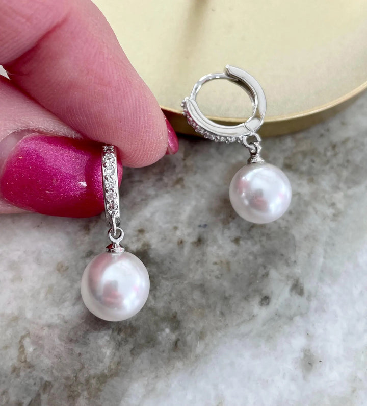 Freshwater Pearl Drop Earrings – 9mm White Pearl with CZ Accents on 925 Sterling Silver, 1 Inch Dangle