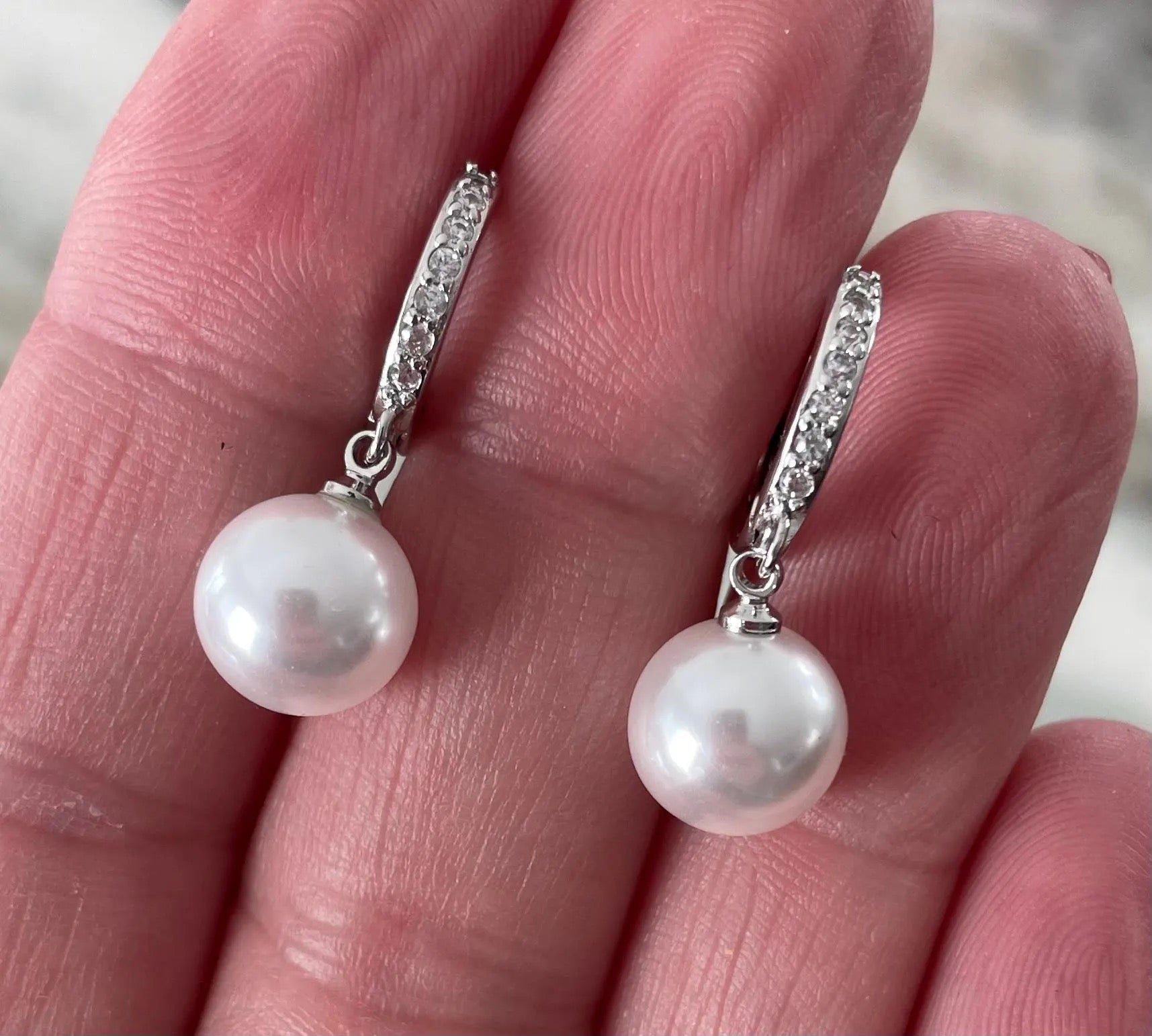 Freshwater Pearl Drop Earrings – 9mm White Pearl with CZ Accents on 925 Sterling Silver, 1 Inch Dangle