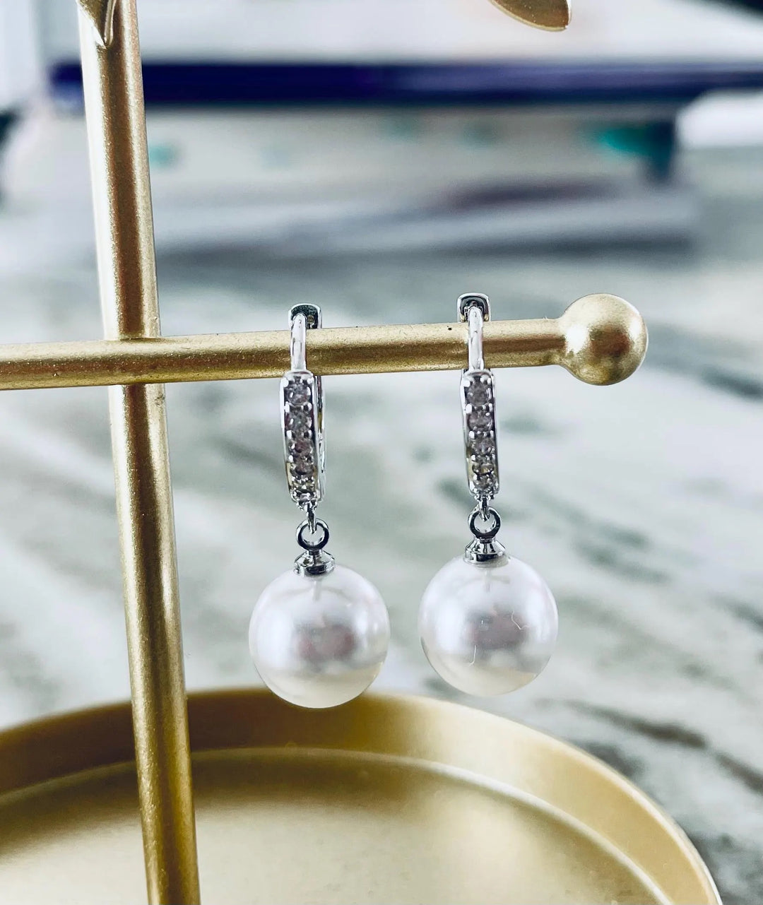 Freshwater Pearl Drop Earrings – 9mm White Pearl with CZ Accents on 925 Sterling Silver, 1 Inch Dangle