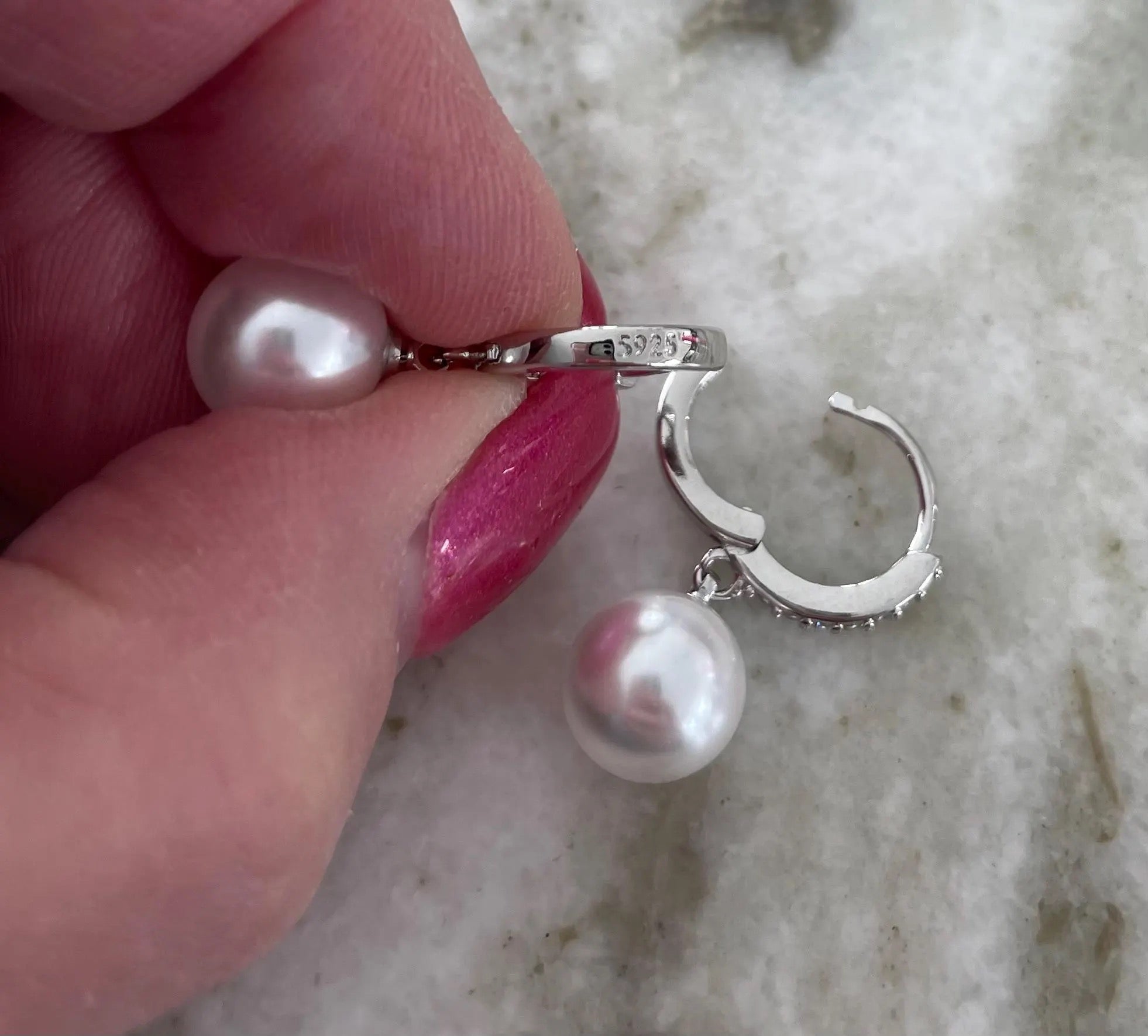 Freshwater Pearl Drop Earrings – 9mm White Pearl with CZ Accents on 925 Sterling Silver, 1 Inch Dangle