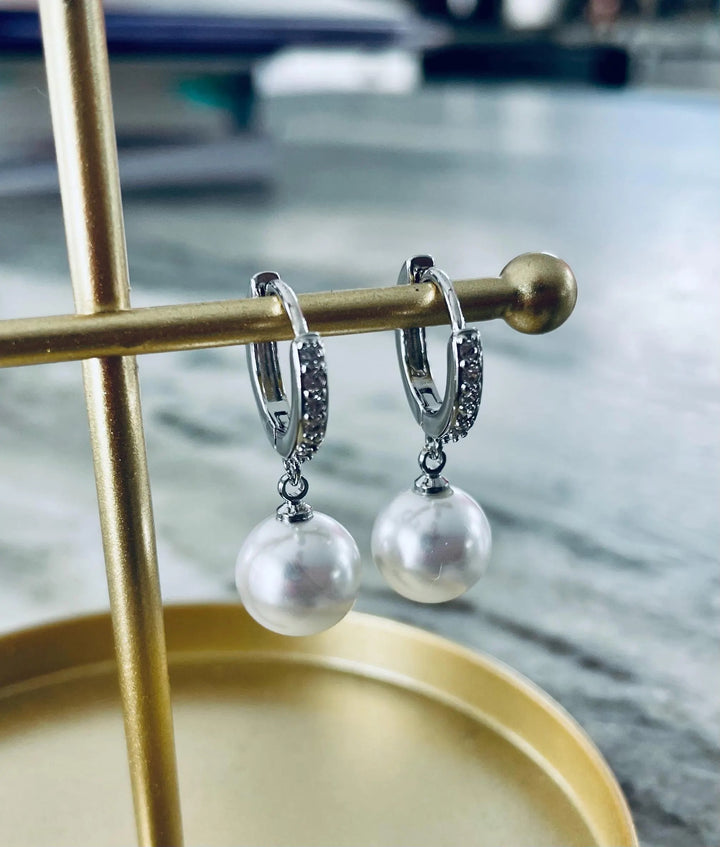 Freshwater Pearl Drop Earrings – 9mm White Pearl with CZ Accents on 925 Sterling Silver, 1 Inch Dangle