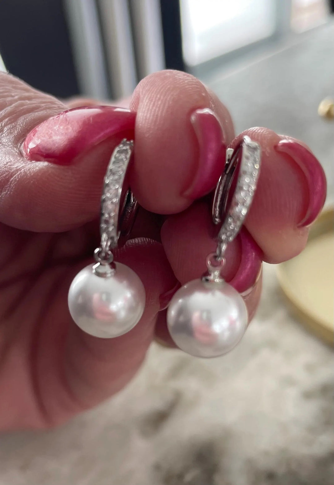 Freshwater Pearl Drop Earrings – 9mm White Pearl with CZ Accents on 925 Sterling Silver, 1 Inch Dangle